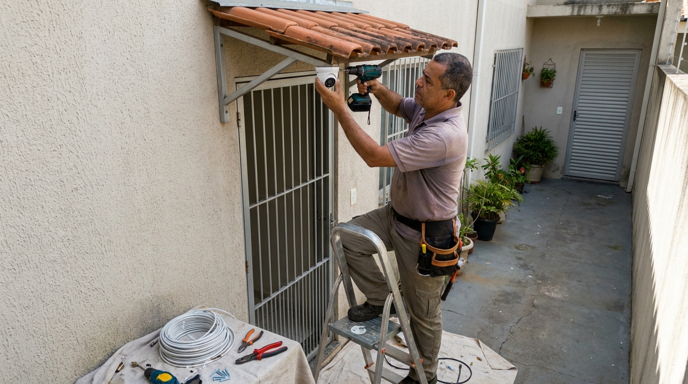 Eletricista instalando cameras de seguranca em Franca‑SP