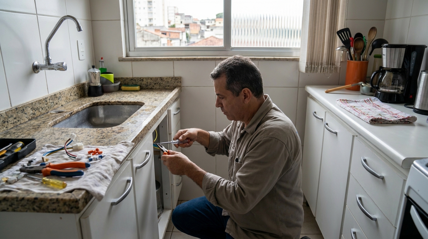 Eletricista instalando torneira eletrica em Franca‑SP