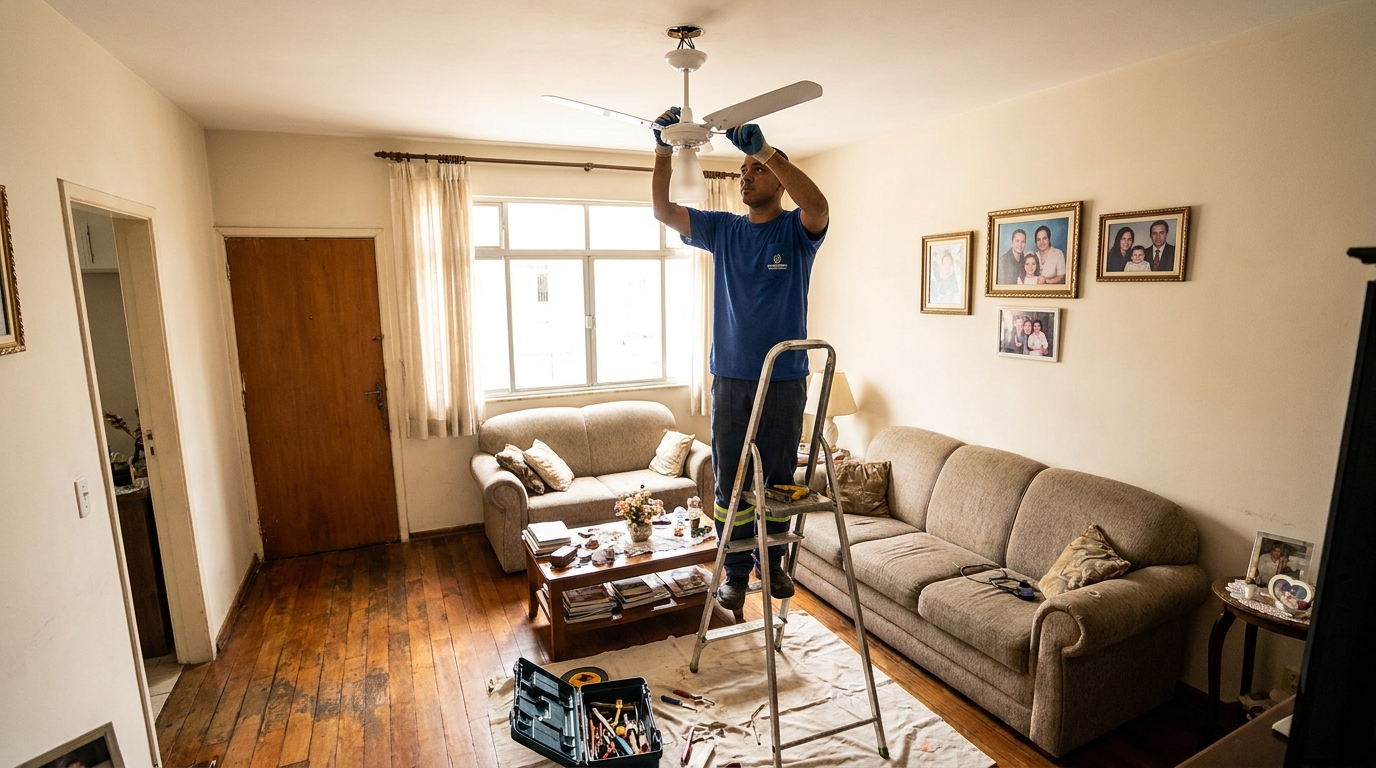 Eletricista instalando ventilador de teto em Franca‑SP