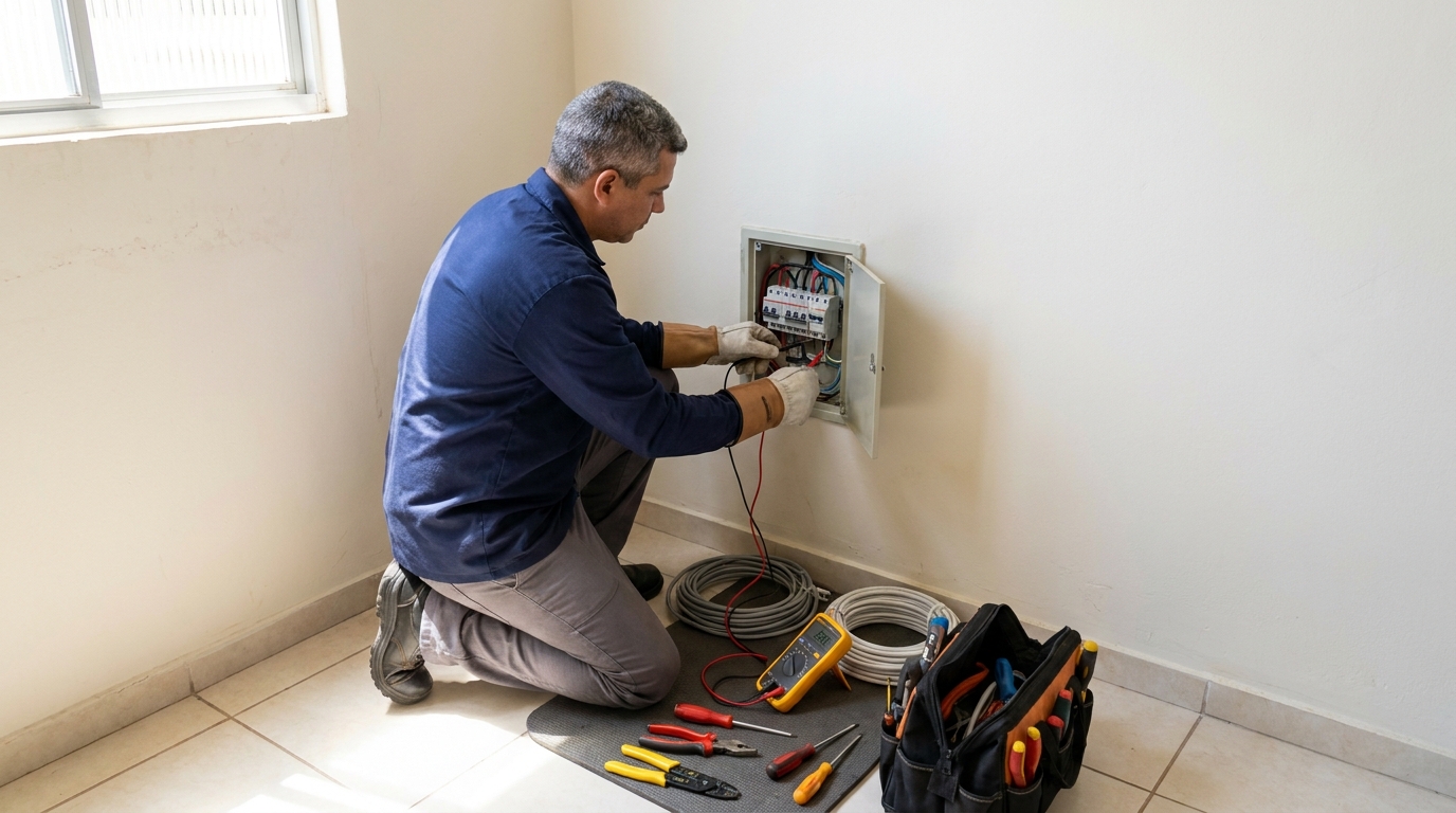 Eletricista realizando manutencao em Franca‑SP
